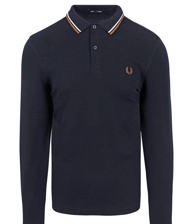 Fred Perry M3636 U86 Twin Tipped polo lange mouw donkerblauw met camel bruin logo