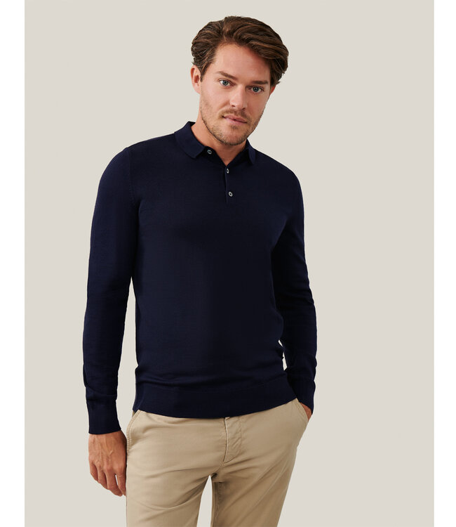 Cavallaro 116245020 limited edition heren donkerblauw lange mouw polo slim fit merino wol