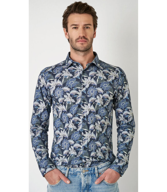 Desoto 77328 569 overhemd donkerblauw blauw groen grote bloemenprint