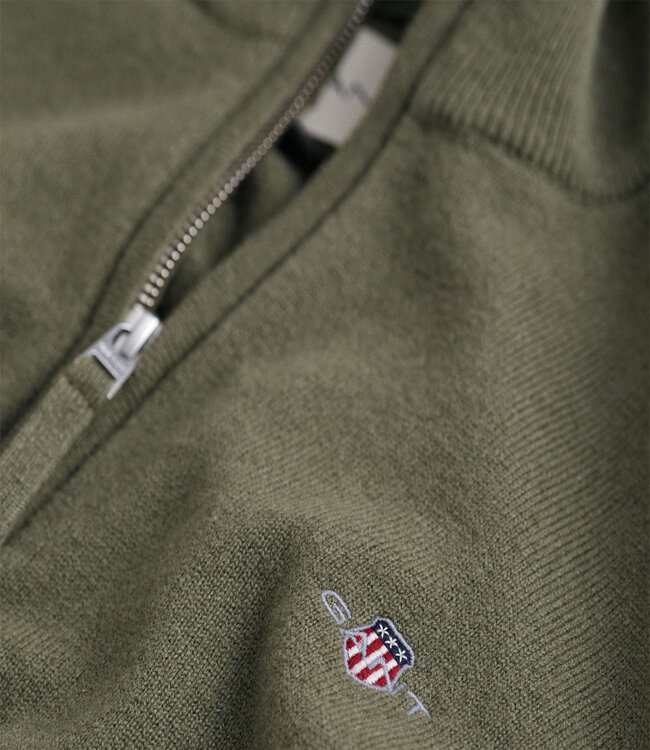 Gant 87213 301 heren juniper green olijfgroen zipper trui ritsje superfine lamswol