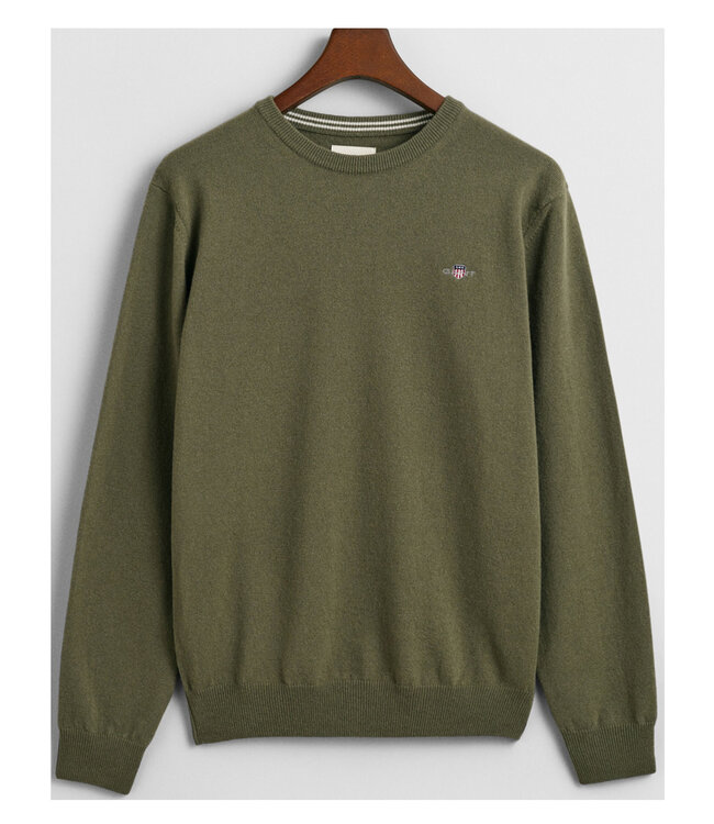 Gant 87211 301 heren juniper green olijfgroen ronde hals trui superfine lamswol