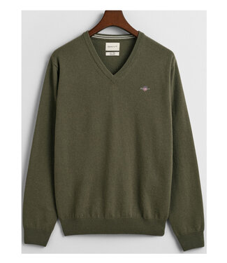 Gant heren juniper green olijfgroen v-hals trui superfine lamswol