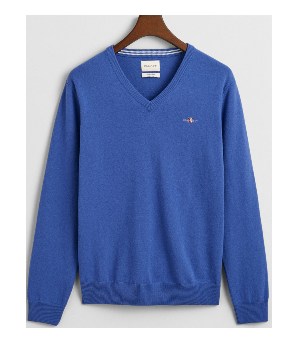 87212 407 Gant heren blauw v-hals trui 100 procent superfine lamswol