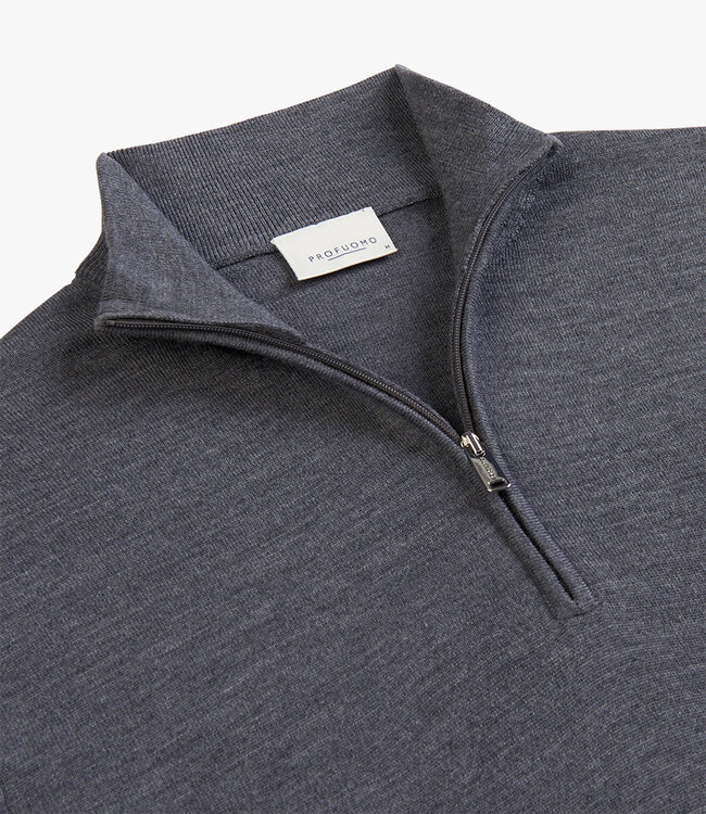 Profuomo PPVJ30003B antraciet grijs zipper pullover met halve rits merino wol