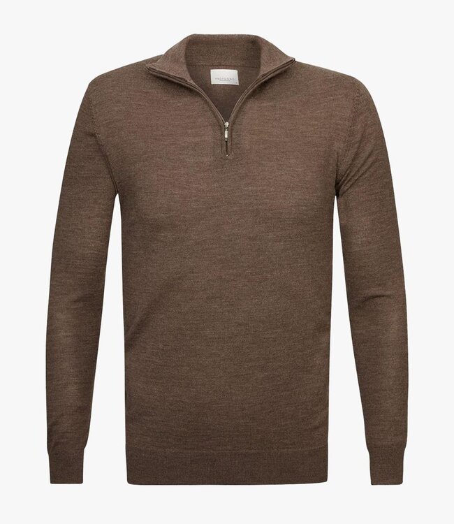 Profuomo PPUJ30004E taupe bruin zipper pullover met halve rits merino wol