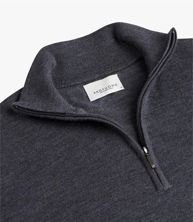 Profuomo PPUJ30004C antraciet grijs zipper pullover met halve rits merino wol