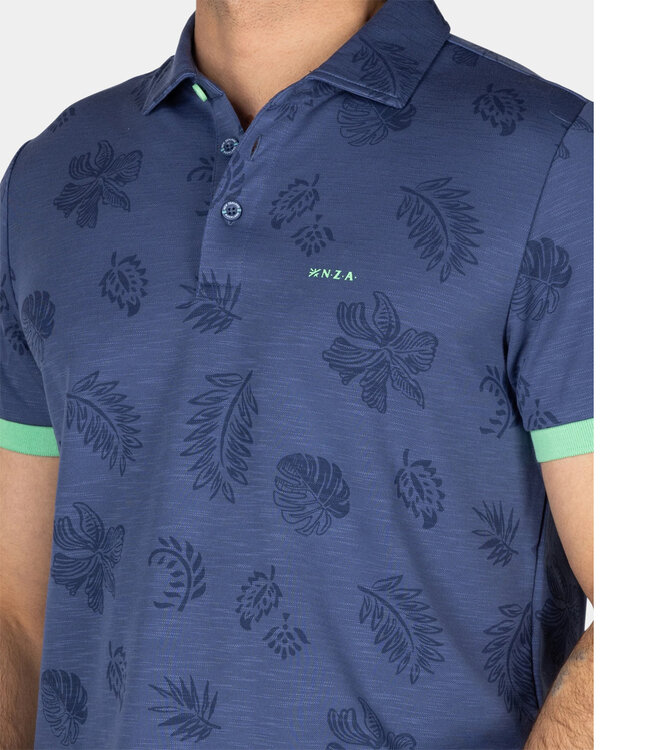 New Zealand Auckland Dakota 25BN106 1653 Dusk Navy polo blauw met donkerblauwe blaadjes print polo