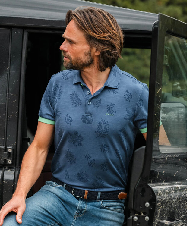New Zealand Auckland Dakota 25BN106 1653 Dusk Navy polo blauw met donkerblauwe blaadjes print polo