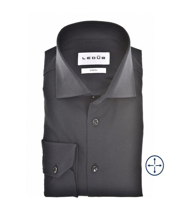 Ledub overhemd zwart katoen stretch 1knoops wide spread lange mouw
