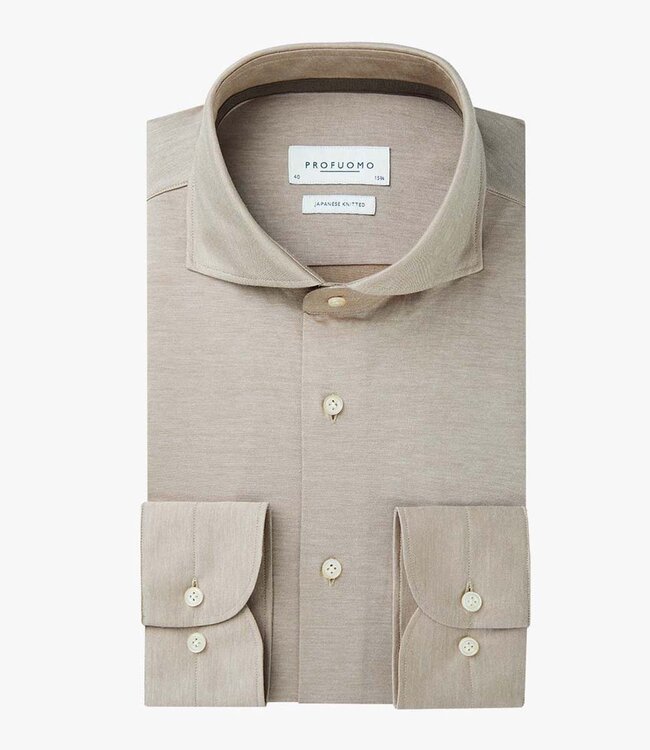 Profuomo PPUH30049C slim fit overhemd japanese knitted camel 1knoops cut away
