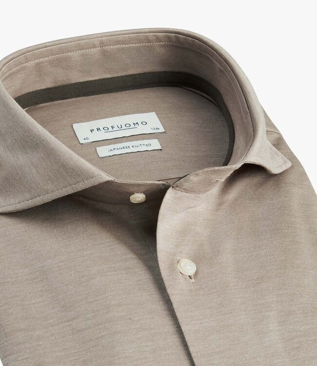 Profuomo PPUH30049C slim fit overhemd japanese knitted camel 1knoops cut away