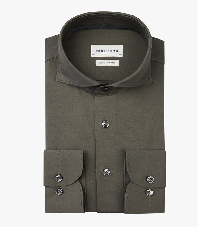 Profuomo PPVH30044E slim fit overhemd japanese knitted donkergroen 1knoops cut away