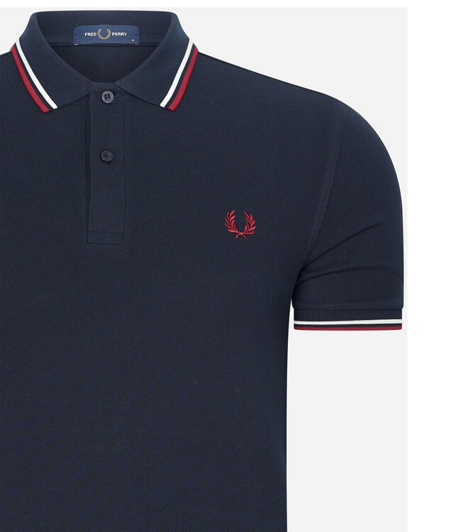 Fred Perry M3600 T55 Twin Tipped polo donkerblauw met bordeaux rood Fred Perry logo