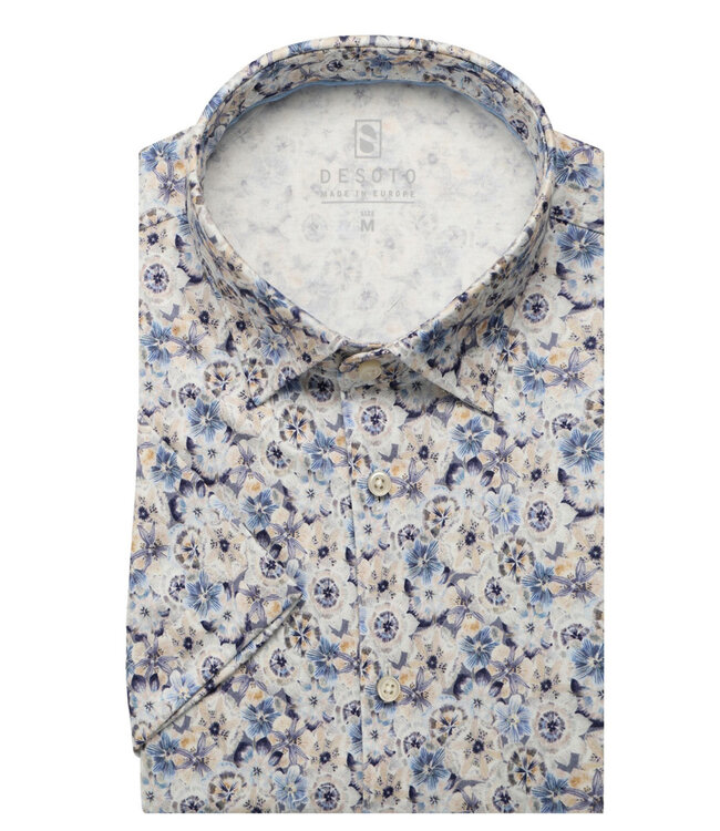 Desoto 81132-3 189 korte mouw overhemd  blauw beige bloemenprint