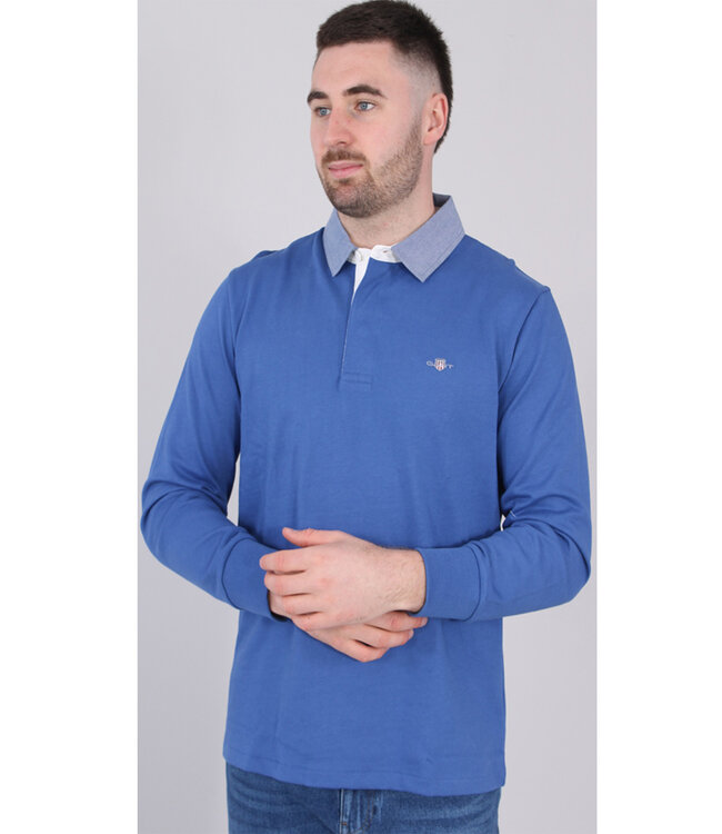 Gant 2004082 407 kobaltblauw heren rugby shirt sweater met jeans kraag