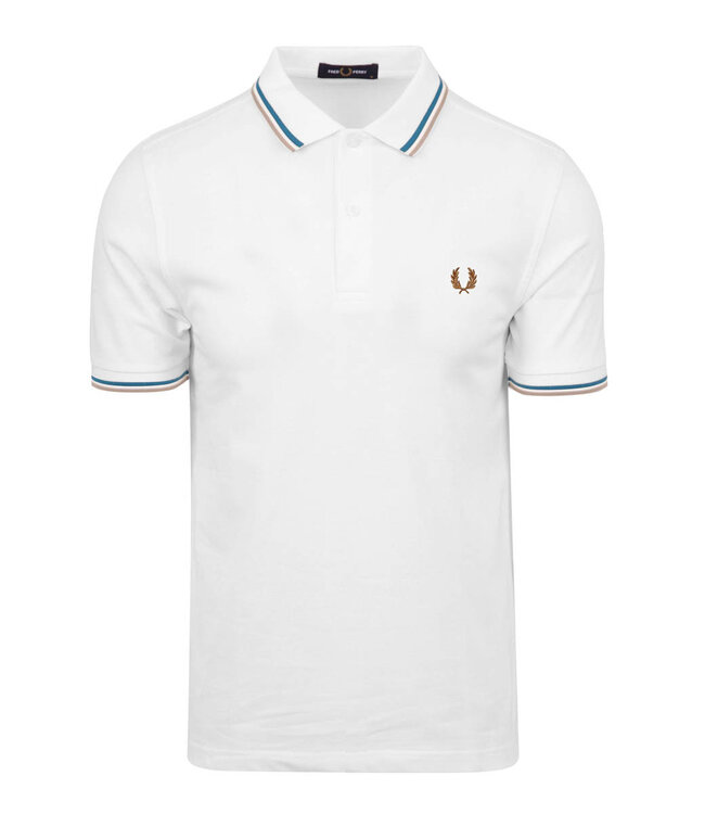 Fred Perry M3600 V21 Twin Tipped polo wit met camel bruin Fred Perry logo