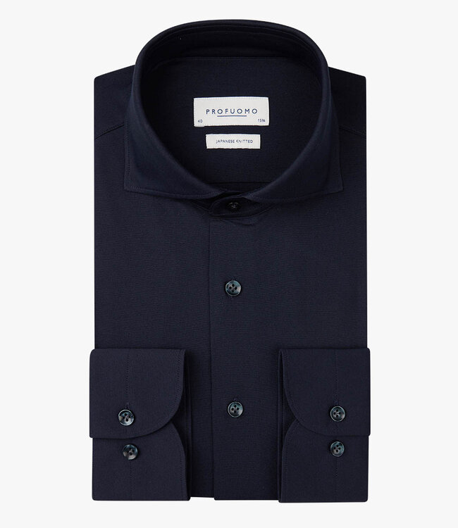 Profuomo PP2H00008C slim fit overhemd japanese knitted donkerblauw met donkerblauwe knopen 1knoops cut away