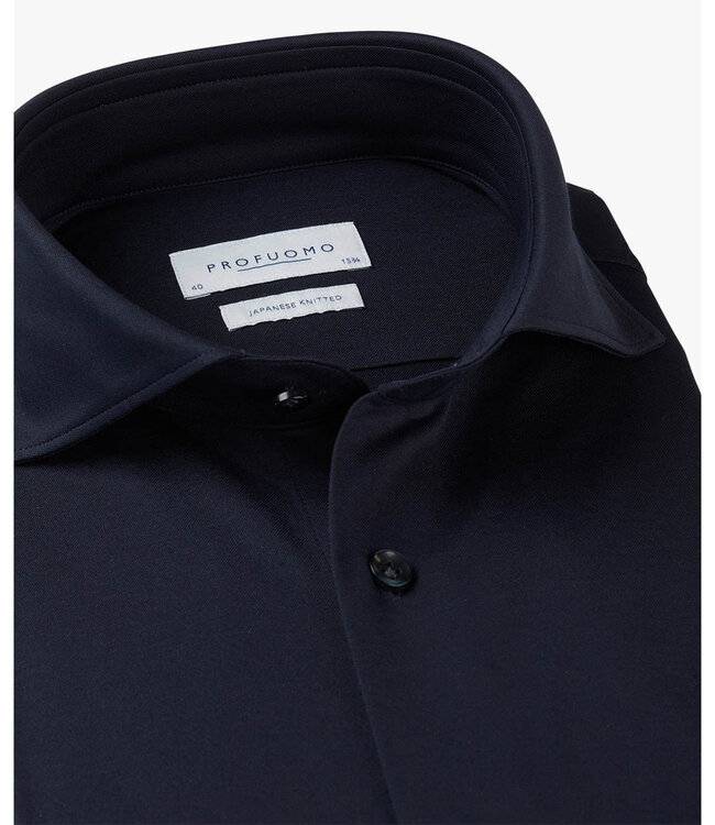 Profuomo PP2H00008C slim fit overhemd japanese knitted donkerblauw met donkerblauwe knopen 1knoops cut away