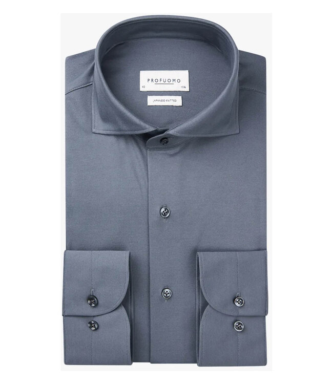 Profuomo PPWH10001D slim fit overhemd japanese knitted denim blue 1knoops cut away