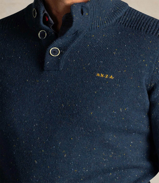 New Zealand Auckland heren zipper mazarine blue petrol blauw melange met knopen