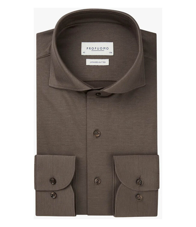 Profuomo PPWH10002H slim fit overhemd japanese knitted bruin 1knoops cut away