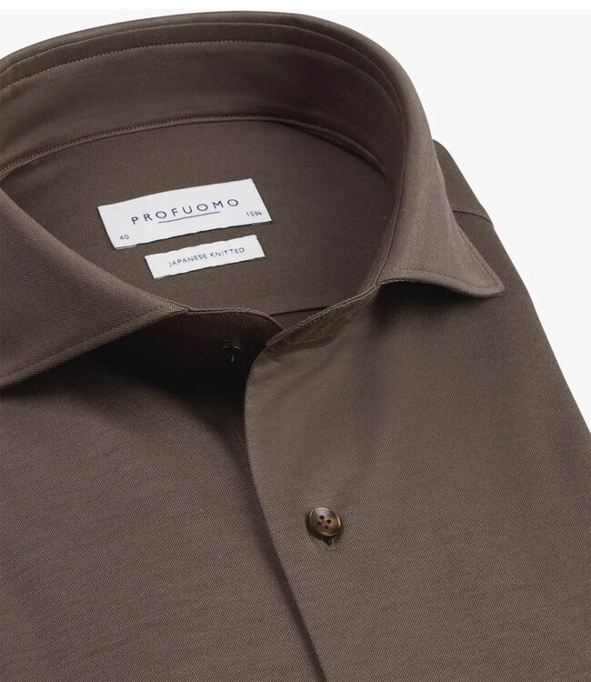 Profuomo PPWH10002H slim fit overhemd japanese knitted bruin 1knoops cut away