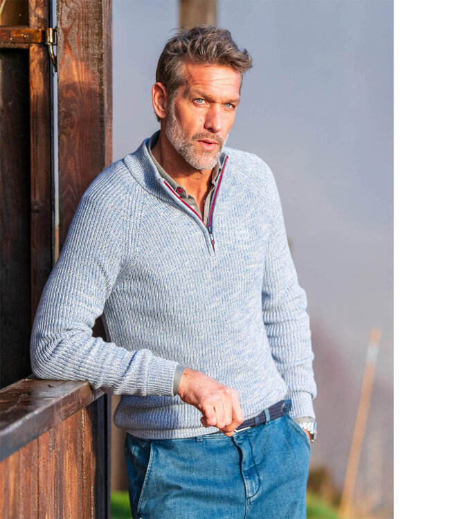 New Zealand Auckland light blue melange lichtblauw melange heren zipper met ritsje