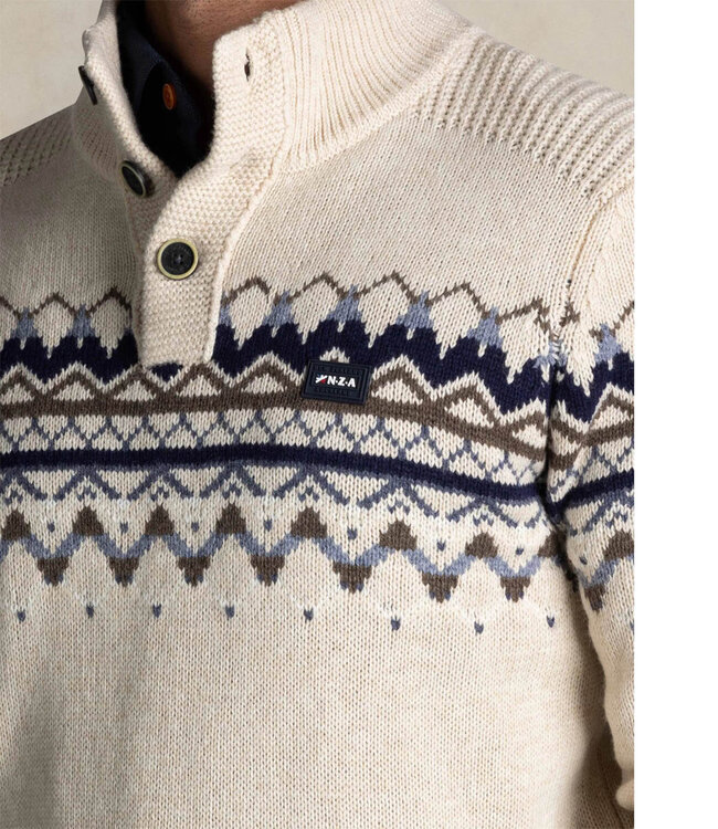 New Zealand Auckland 25KN487 1165 heren zipper sea foam melange ecru met donkerblauw bruin winter motief en knopen