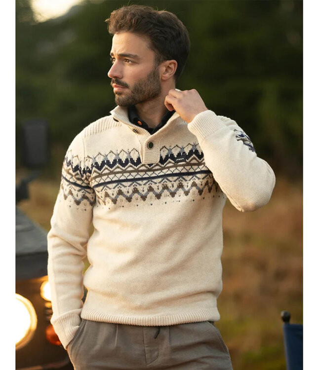 New Zealand Auckland 25KN487 1165 heren zipper sea foam melange ecru met donkerblauw bruin winter motief en knopen