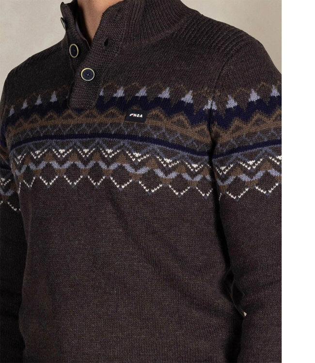 New Zealand Auckland 25KN487 1198 heren zipper hazel melange donkerbruin met blauw bruin winter motief en knopen