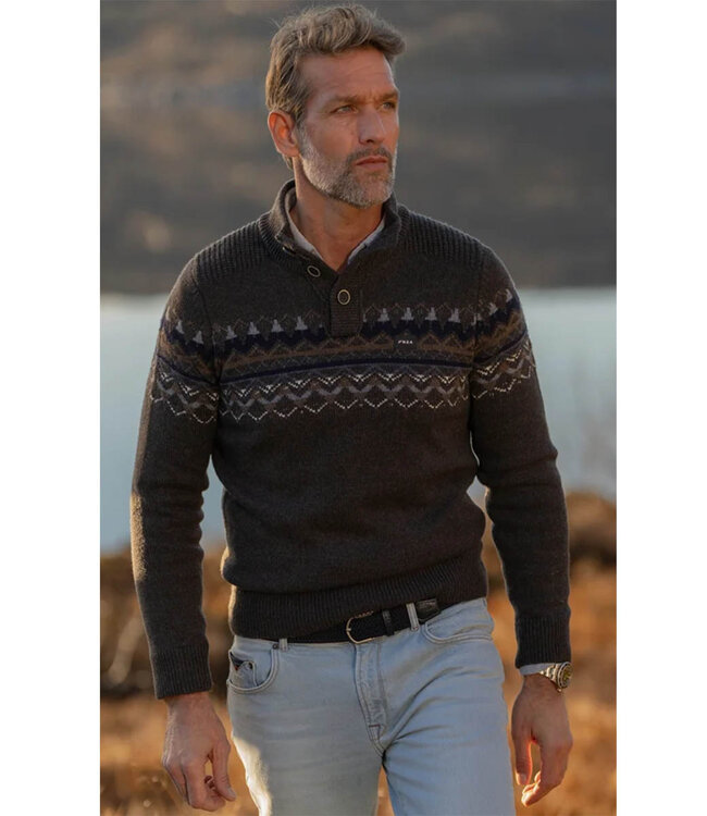 New Zealand Auckland 25KN487 1198 heren zipper hazel melange donkerbruin met blauw bruin winter motief en knopen