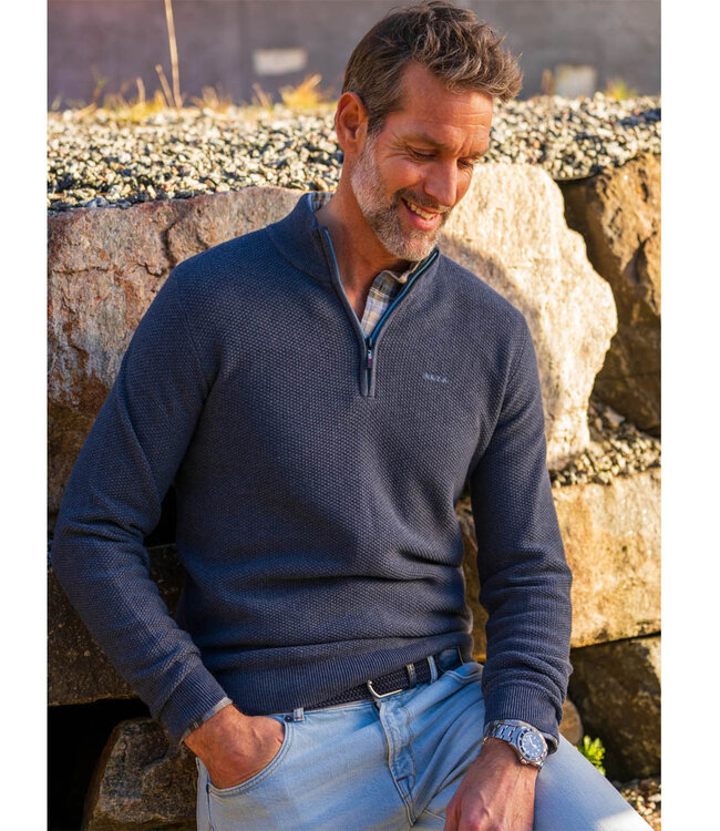 New Zealand Auckland 25HN478 2630 heren zipper donkerblauw melange structuur met ritsje