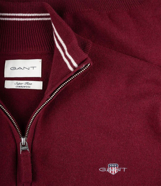 Gant 87213 605 heren bordeaux rood zipper trui ritsje superfine lamswol