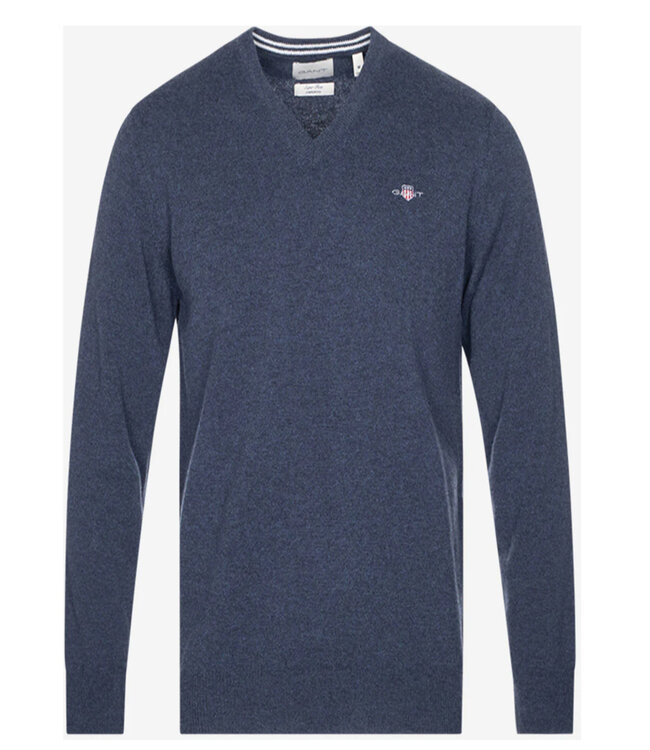 Gant 87212 480 heren donkerblauw melange v-hals trui superfine lamswol