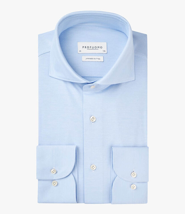 Profuomo PP2HC10009 slim fit overhemd japanese knitted lichtblauw met parelmoer knopen 1knoops cut away