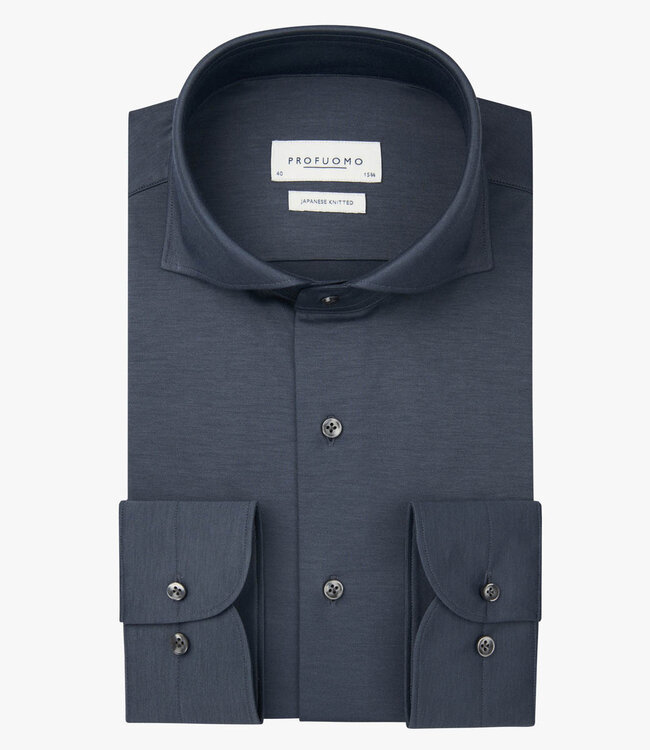 Profuomo PPWH30026I slim fit overhemd japanese knitted denim blue met donkerblauwe knopen 1knoops cut away