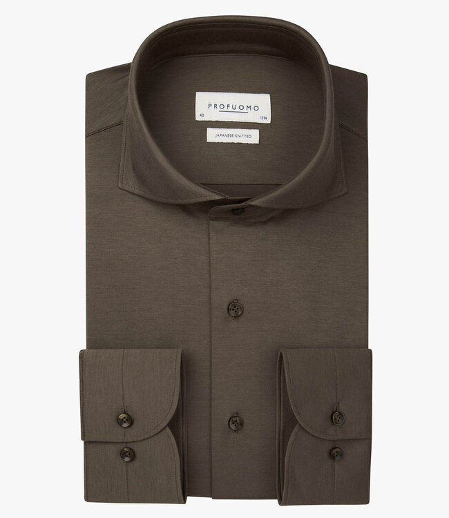 Profuomo PPWH30026B slim fit overhemd japanese knitted bruin brown met donkerbruine knopen 1knoops cut away