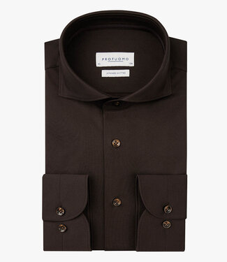 Profuomo slim fit overhemd japanese knitted donkerbruin dark brown met donkerbruine knopen