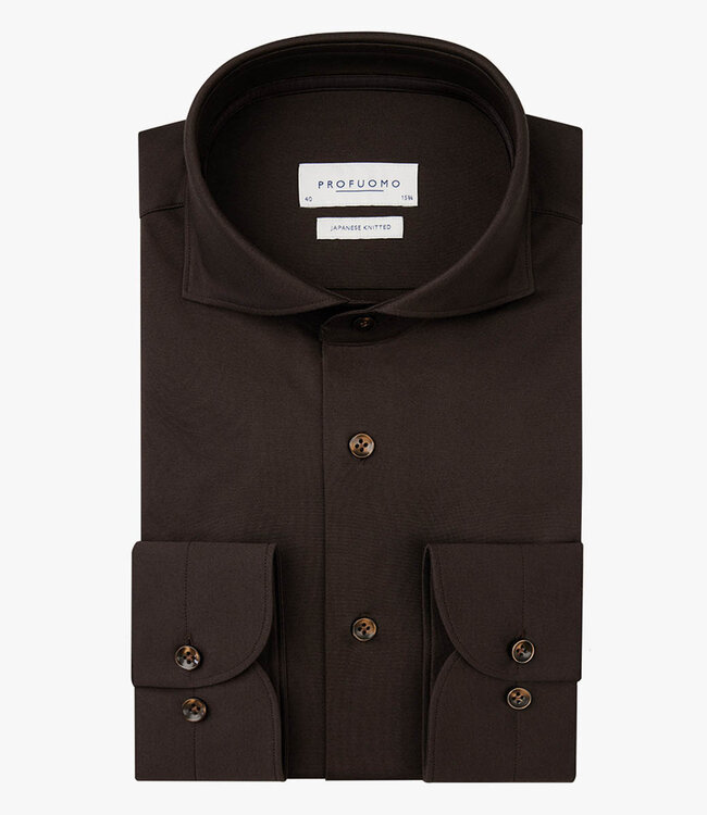 Profuomo PPWH30026E slim fit overhemd japanese knitted donkerbruin dark brown met donkerbruine knopen 1knoops cut away