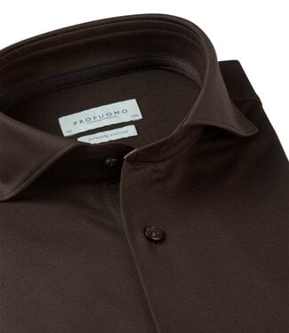 Profuomo slim fit overhemd japanese knitted donkerbruin dark brown met donkerbruine knopen