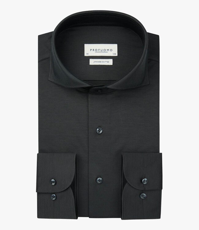 Profuomo PPWH30026J slim fit overhemd japanese knitted antraciet grijs met antraciet grijze knopen 1knoops cut away
