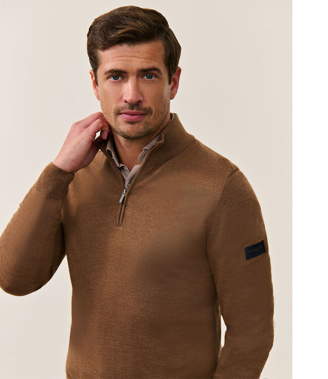 Cavallaro heren camel bruin zipper trui  met ritsje merino wol