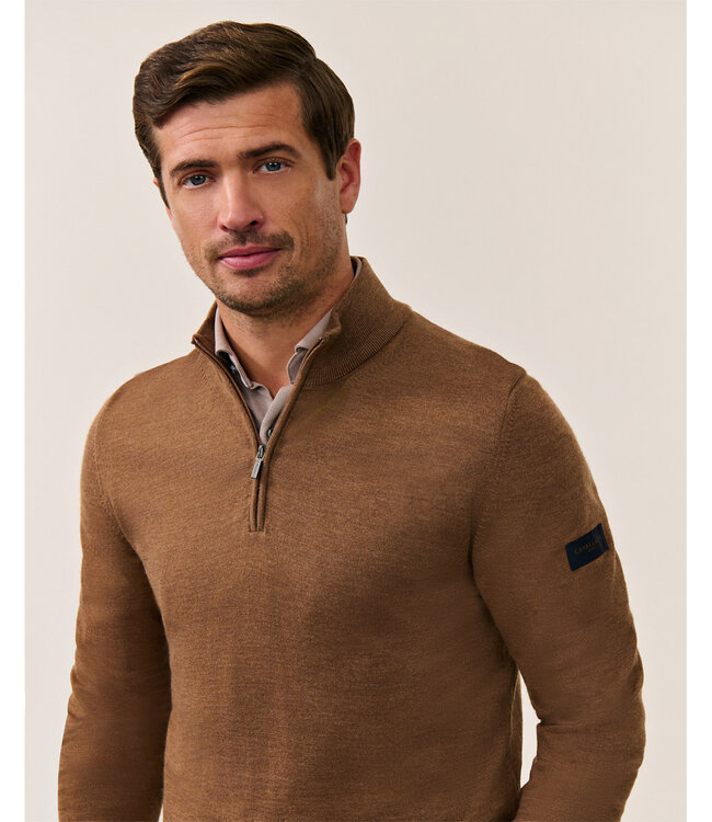 Cavallaro heren camel bruin zipper trui  met ritsje merino wol
