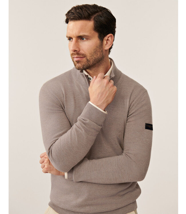 Cavallaro heren sand zipper trui  met ritsje merino wol
