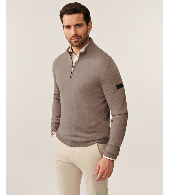 Cavallaro heren sand zipper trui  met ritsje merino wol