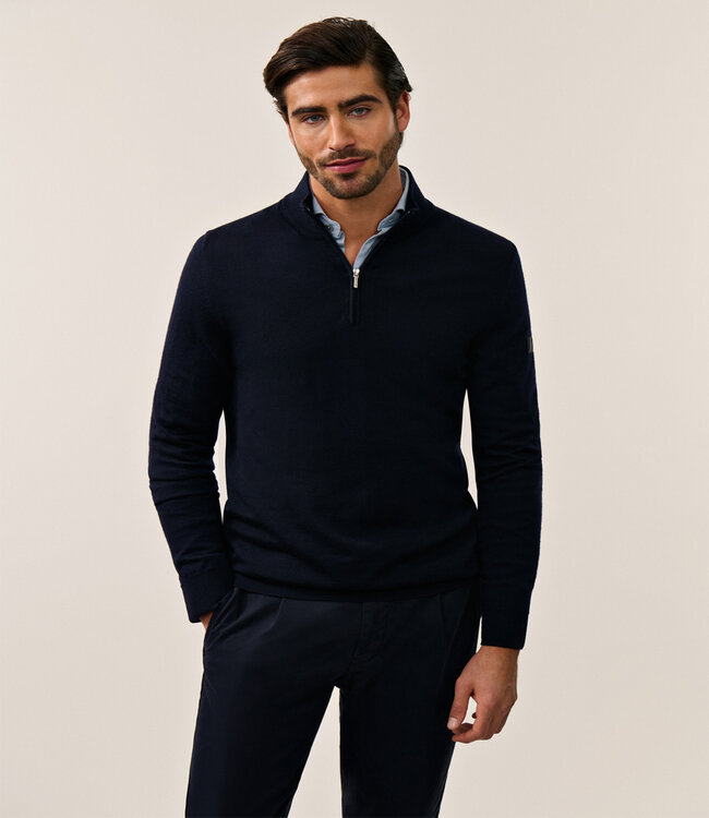Cavallaro heren donkerblauw zipper trui  met ritsje merino wol
