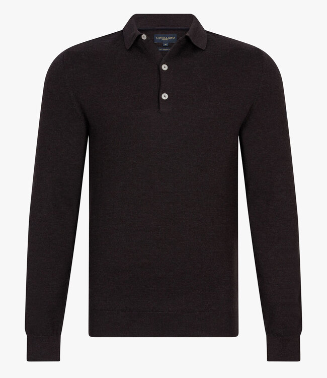 Cavallaro heren donkerbruin lange mouw polo slim fit merino wol