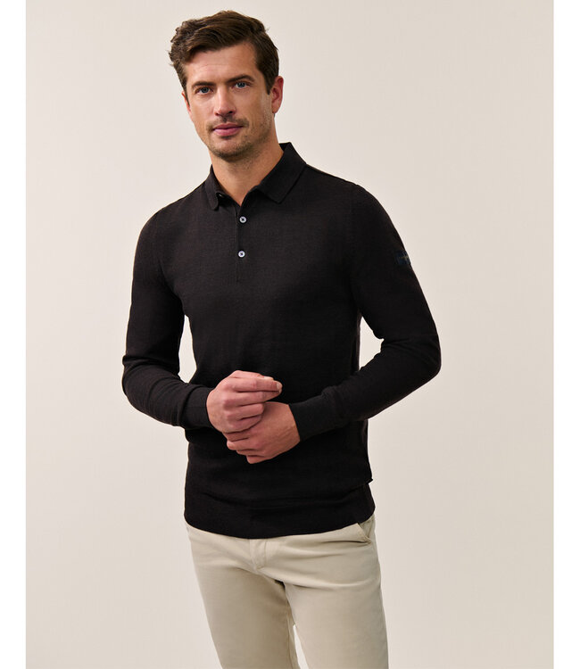 Cavallaro heren donkerbruin lange mouw polo slim fit merino wol