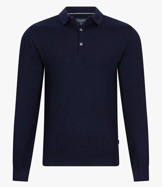 Cavallaro heren donkerblauw lange mouw polo slim fit merino wol