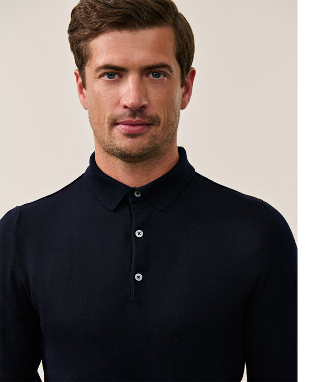 Cavallaro heren donkerblauw lange mouw polo slim fit merino wol